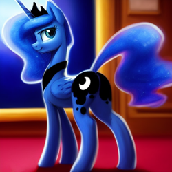 Size: 1024x1024 | Tagged: safe, derpibooru exclusive, editor:dovakkins, imported from derpibooru, princess luna, alicorn, pony, ai content, ai generated, beautiful, butt, crown, cute, ethereal mane, ethereal tail, female, galaxy mane, generator:stable diffusion, jewelry, looking at you, lunabetes, mare, moonbutt, peytral, plot, regalia, smiling, smiling at you, solo, tail