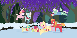 Size: 4320x2160 | Tagged: safe, anonymous artist, imported from derpibooru, alice the reindeer, aurora the reindeer, big macintosh, bori the reindeer, fluttershy, gentle breeze, posey shy, oc, oc:late riser, deer, earth pony, pegasus, pony, reindeer, series:fm holidays, series:hearth's warming advent calendar 2022, advent calendar, christmas, colt, doe, female, first aid kit, fluttermac, flying, foal, frown, glasses, glasses on head, grandma got run over by a reindeer, high res, holiday, hoofprints, lineless, male, mare, night, offspring, open mouth, parent:big macintosh, parent:fluttershy, parents:fluttermac, pointy ponies, shipping, snow, stallion, straight, swirly eyes, the gift givers, winter