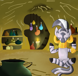 Size: 810x788 | Tagged: safe, artist:andromedasparkz, imported from derpibooru, zecora, zebra, bracelet, candle, cauldron, ear piercing, earring, female, jewelry, mare, meditating, neck rings, piercing, solo, zecora's hut