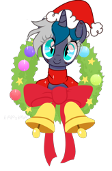 Size: 2000x3040 | Tagged: safe, artist:idkhesoff, imported from derpibooru, oc, oc only, oc:elizabat stormfeather, alicorn, bat pony, bat pony alicorn, pony, alicorn oc, bat pony oc, bat wings, bells, blushing, christmas, clothes, cute, female, hat, holiday, horn, mare, ribbon, santa hat, scarf, simple background, solo, transparent background, wings, wreath