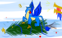 Size: 5200x3200 | Tagged: safe, artist:horsesplease, imported from derpibooru, gallus, christmas, christmas tree, crown, derp, failure, gallus the rooster, gallusposting, holiday, jewelry, mouth hold, musical instrument, raised leg, regalia, tree, trumpet, victory