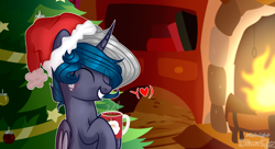 Size: 2280x1236 | Tagged: safe, artist:midnightmusic, imported from derpibooru, oc, oc only, oc:elizabat stormfeather, alicorn, bat pony, bat pony alicorn, pony, alicorn oc, bat pony oc, bat wings, blushing, chocolate, christmas, christmas tree, cute, female, fire, fireplace, food, freckles, grin, hat, heart, holiday, horn, hot chocolate, log, mare, mug, santa hat, smiling, solo, tree, wings