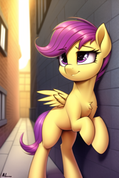 Size: 512x768 | Tagged: safe, editor:omnixious, imported from derpibooru, scootaloo, pegasus, pony, ai content, ai generated, alley, blank flank, chest fluff, eyebrows, eyebrows visible through hair, female, filly, foal, generator:novelai, generator:stable diffusion, raised hoof, rearing, smiling, smirk, solo, spread wings, wings