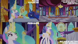 Size: 4400x2475 | Tagged: safe, edit, edited screencap, editor:quoterific, imported from derpibooru, screencap, princess celestia, princess luna, starlight glimmer, a royal problem, blueberry, food, fork, pancakes, strawberry, table, whipped cream