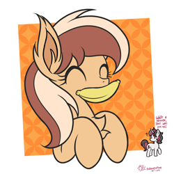 Size: 1920x1920 | Tagged: safe, artist:theratedrshimmer, imported from derpibooru, oc, oc:delicatezza, bat pony, pony, banana, bat pony oc, cute, eyes closed, female, food, male, mouth hold, ocbetes, ponysona, solo focus