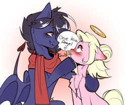 Size: 2293x1910 | Tagged: safe, artist:pledus, imported from derpibooru, oc, oc only, oc:fenris ebonyglow, oc:kara waypoint, earth pony, pegasus, pony, angel, blushing, chest fluff, clothes, devil, devil horns, ears back, female, halo, horns, jewelry, looking at each other, looking at someone, male, neck fluff, necklace, oc x oc, pendant, scarf, shipping, simple background, slim, sternocleidomastoid, straight