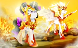 Size: 4000x2480 | Tagged: safe, artist:dormin-dim, imported from derpibooru, daybreaker, oc, oc:hazel radiate, alicorn, pony, unicorn, bow, commission, commissioner:biohazard, daybreaker armor, detailed background, duo, duo female, female, fire, highlights, horn, jewelry, mare, peytral, ponytail, purple eyes, regalia, spread wings, sun, tail, tail bow, unicorn oc, wings, ych result