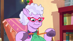 Size: 3072x1727 | Tagged: safe, imported from derpibooru, screencap, earth pony, pony, spoiler:g5, spoiler:my little pony: tell your tale, spoiler:tyts01e38, female, foal food, g5, glasses, grandma figgy, high res, knitting, mare, my little pony: tell your tale, smiling, solo, youtube link