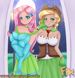 Size: 3307x3425 | Tagged: safe, artist:focusb, imported from derpibooru, applejack, fluttershy, human, the best night ever, clothes, dress, duo, gala dress, high res, humanized, looking at you, patreon, watermark