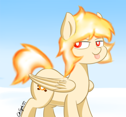 Size: 3316x3082 | Tagged: safe, artist:cdrspark, imported from derpibooru, oc, oc only, oc:hcl, pegasus, pony, :p, female, mane of fire, pegasus oc, snow, solo, tongue out