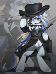 Size: 2628x3500 | Tagged: artist needed, safe, imported from derpibooru, oc, oc only, oc:bertha icey windsor, unicorn, bipedal, clothes, female, full body, gun, hat, knife, long hair, overcoat, solo, standing, weapon, zoom layer