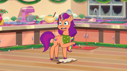 Size: 3072x1727 | Tagged: safe, imported from derpibooru, screencap, sunny starscout, earth pony, pony, spoiler:g5, spoiler:my little pony: tell your tale, spoiler:tyts01e38, apron, clothes, female, foal food, g5, high res, mane stripe sunny, mare, my little pony: tell your tale, open mouth, solo, youtube link