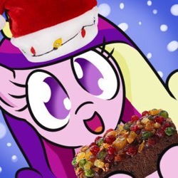 Size: 280x280 | Tagged: safe, artist:jargon scott, imported from derpibooru, princess cadance, alicorn, pony, avatar, bust, christmas, christmas lights, female, fruitcake, hat, hi anon, holiday, looking at you, mare, meme, open mouth, open smile, santa hat, smiling, smiling at you, snow, snowfall, solo