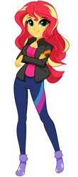 Size: 843x1919 | Tagged: safe, artist:rosemile mulberry, imported from derpibooru, sunset shimmer, human, equestria girls, clothes, crossed arms, cute, female, jacket, pants, shimmerbetes, simple background, smiling, socks, solo, white background