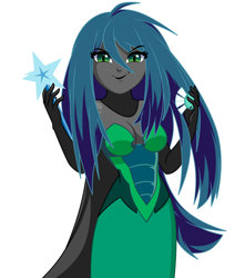 Size: 1234x1394 | Tagged: safe, artist:rosemile mulberry, imported from derpibooru, queen chrysalis, human, equestria girls, absolute cleavage, breasts, cleavage, clothes, dress, equestria girls-ified, evil grin, eyeshadow, female, gloves, grin, implied sunburst, implied trixie, long gloves, long hair, makeup, simple background, smiling, solo, sunburst's cutie mark, trixie's cutie mark, wand, white background