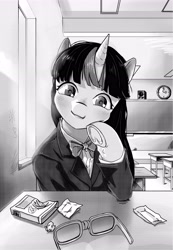 Size: 3335x4816 | Tagged: safe, artist:ph平和, imported from derpibooru, twilight sparkle, pony, unicorn, black and white, chalkboard, chewing gum, classroom, clothes, food, glasses, grayscale, gum, looking at you, manga, manga style, monochrome, school uniform, smiling, smiling at you, uniform, window
