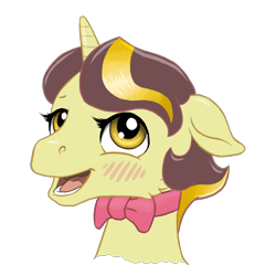 Size: 2048x2048 | Tagged: safe, artist:multiverseequine, derpibooru exclusive, imported from derpibooru, oc, oc only, oc:golden trim, pony, unicorn, blushing, bowtie, bust, cute, horn, male, multicolored hair, open mouth, pink bow, redraw, simple background, solo, stallion, transparent background, yellow eyes