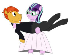 Size: 931x726 | Tagged: safe, alternate version, anonymous artist, derpibooru exclusive, imported from derpibooru, starlight glimmer, sunburst, pony, unicorn, bridal carry, carrying, clothes, dress, female, glasses, male, mare, married couple, shipping, simple background, stallion, starburst, straight, suit, transparent background, wedding dress