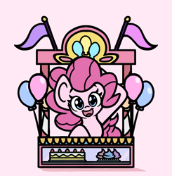 Size: 950x970 | Tagged: safe, artist:derp pone, derpibooru exclusive, imported from derpibooru, pinkie pie, earth pony, pony, balloon, cake, cupcake, cute, flag pole, food, happy, looking at you, pink background, simple background, solo, stand, waving at you