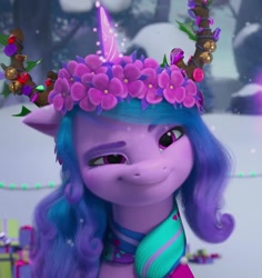 Size: 1020x1080 | Tagged: safe, imported from derpibooru, screencap, izzy moonbow, pony, unicorn, spoiler:g5, spoiler:winter wishday, clothes, female, floral head wreath, flower, g5, glowing, glowing horn, horn, mare, my little pony: make your mark, my little pony: make your mark chapter 3, scarf, smiling, smirk, snow, snowfall, solo, winter wishday