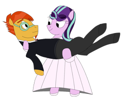 Size: 931x726 | Tagged: safe, anonymous artist, derpibooru exclusive, imported from derpibooru, starlight glimmer, sunburst, pony, unicorn, bridal carry, carrying, clothes, dress, female, glasses, male, mare, married couple, shipping, simple background, stallion, starburst, straight, suit, transparent background, wedding dress