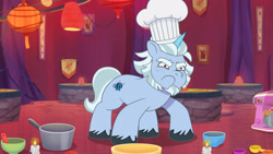 Size: 3072x1727 | Tagged: safe, imported from derpibooru, screencap, pony, unicorn, spoiler:g5, spoiler:my little pony: tell your tale, spoiler:tyts01e38, :c, alphabittle blossomforth, chef's hat, foal food, frown, g5, hat, high res, male, my little pony: tell your tale, solo, stallion, youtube link