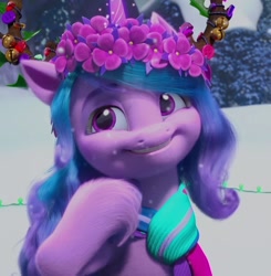 Size: 1058x1080 | Tagged: safe, imported from derpibooru, screencap, izzy moonbow, pony, unicorn, spoiler:g5, spoiler:winter wishday, clothes, cute, female, floral head wreath, flower, g5, izzybetes, mare, my little pony: make your mark, my little pony: make your mark chapter 3, scarf, smiling, snow, snowfall, solo, unshorn fetlocks, winter wishday