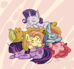 Size: 1280x1200 | Tagged: safe, artist:linaree, imported from derpibooru, applejack, fluttershy, pinkie pie, rainbow dash, rarity, twilight sparkle, alicorn, earth pony, pegasus, pony, unicorn, blush sticker, blushing, cuddle puddle, cuddling, cute, dashabetes, diapinkes, female, jackabetes, mane six, mare, pony pile, raribetes, shyabetes, sleeping, twiabetes, twilight sparkle (alicorn)