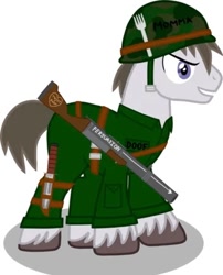 Size: 350x434 | Tagged: safe, artist:bogdan97, imported from derpibooru, oc, oc only, oc:deus, oc:doof, earth pony, pony, fallout equestria, fallout equestria: project horizons, army, camouflage, clothes, fanfic art, fork, gun, helmet, knife, macintosh's marauders, male, persuasion, rifle, sheath, simple background, smiling, stallion, strap, uniform, unshorn fetlocks, weapon, white background, writing