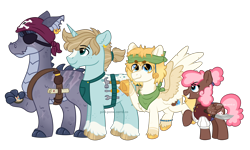 Size: 5000x3000 | Tagged: safe, artist:pink-pone, imported from derpibooru, oc, oc only, oc:bruce ironjaw, oc:peppermint patty, oc:sandy skye, oc:silver spanner, dracony, dragon, hybrid, pegasus, pony, unicorn, clothes, colored wings, compass, ear piercing, eyepatch, female, male, map, mare, piercing, simple background, stallion, transparent background, two toned wings, wings