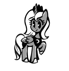 Size: 1326x1365 | Tagged: safe, artist:fluffielox, imported from derpibooru, princess luna, alicorn, pony, closed mouth, eyes open, female, folded wings, grayscale, horn, jewelry, monochrome, raised hoof, regalia, s1 luna, simple background, smiling, solo, white background, wings, woona, younger