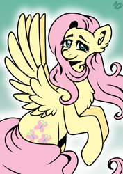 Size: 595x842 | Tagged: safe, artist:dreamy990, imported from derpibooru, fluttershy, pegasus, pony, chest fluff, ear fluff, female, looking at you, mare, simple shading, smiling, smiling at you, solo, spread wings, turned head, wings