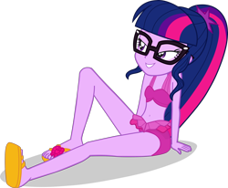 Size: 2636x2172 | Tagged: safe, alternate version, artist:dustinwatsongkx, imported from derpibooru, sci-twi, twilight sparkle, human, equestria girls, accessory swap, bare shoulders, bikini, clothes, clothes swap, female, glasses, one-piece swimsuit, pinkie pie swimsuit, simple background, sleeveless, solo, swimsuit, swimsuit swap, transparent background