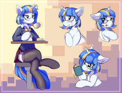 Size: 2048x1556 | Tagged: safe, artist:ravistdash, imported from derpibooru, oc, oc:diviina, semi-anthro, unicorn, blue eyes, book, bowtie, clothes, crossed legs, cup, female, glasses, reading, sitting, skirt, stockings, teacup, thigh highs, whirt, zettai ryouiki