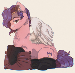 Size: 1280x1241 | Tagged: safe, artist:twinkesss, imported from derpibooru, pipp petals, pegasus, pony, backwards cutie mark, beige background, chest fluff, clothes, female, g5, looking at you, lying down, mare, pillow, prone, signature, simple background, solo, stockings, thigh highs