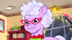 Size: 3072x1727 | Tagged: safe, imported from derpibooru, screencap, earth pony, pony, spoiler:g5, spoiler:my little pony: tell your tale, spoiler:tyts01e38, female, foal food, g5, glasses, grandma figgy, high res, mare, my little pony: tell your tale, smiling, solo, youtube link