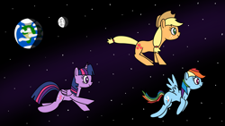 Size: 1920x1080 | Tagged: safe, artist:platinumdrop, imported from derpibooru, applejack, rainbow dash, twilight sparkle, alicorn, earth pony, pegasus, pony, earth, floating, moon, ponies in space, request, space, stars, twilight sparkle (alicorn)