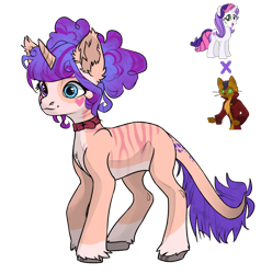 Size: 1028x1080 | Tagged: safe, artist:crumbelinadicarmello, imported from derpibooru, capper dapperpaws, sweetie belle, sweetie belle (g3), oc, cat, cat pony, original species, pony, unicorn, avatar maker fantasy pony, body markings, coat markings, curly mane, facial markings, female, fusion, hair bun, leonine tail, mare, simple background, socks (coat markings), solo, stripes, tail, transparent background