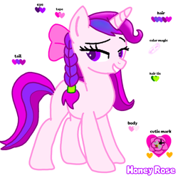 Size: 768x768 | Tagged: safe, artist:mazakbar567, imported from derpibooru, oc, oc only, oc:honey rose, unicorn, braid, cutie mark, horn, pink body, purple eyes, purple hair, reference sheet, ribbon, simple background, solo, white background