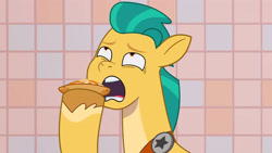 Size: 3072x1727 | Tagged: safe, imported from derpibooru, screencap, hitch trailblazer, earth pony, pony, spoiler:g5, spoiler:my little pony: tell your tale, spoiler:tyts01e38, cookie, eating, foal food, food, g5, high res, male, my little pony: tell your tale, open mouth, solo, stallion, youtube link