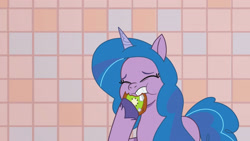 Size: 3072x1727 | Tagged: safe, imported from derpibooru, screencap, izzy moonbow, pony, unicorn, spoiler:g5, spoiler:my little pony: tell your tale, spoiler:tyts01e38, cookie, eating, eyes closed, female, foal food, food, g5, high res, mare, my little pony: tell your tale, solo, youtube link