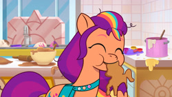 Size: 3072x1727 | Tagged: safe, imported from derpibooru, screencap, sunny starscout, earth pony, pony, spoiler:g5, spoiler:my little pony: tell your tale, spoiler:tyts01e38, ^^, cookie, cute, eating, eyes closed, female, foal food, food, g5, high res, mane stripe sunny, mare, my little pony: tell your tale, smiling, solo, sunnybetes, youtube link