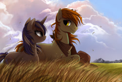 Size: 1063x718 | Tagged: dead source, safe, artist:ruhje, imported from derpibooru, oc, oc only, earth pony, pony, unicorn, 2012, cloud, duo, female, looking at each other, looking at someone, male, mare, old art, scenery, stallion