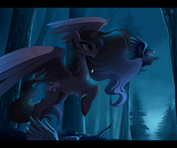Size: 1150x960 | Tagged: dead source, safe, artist:ruhje, imported from derpibooru, oc, oc only, oc:aurora, alicorn, bird, pony, 2013, alicorn oc, beautiful, color porn, ethereal mane, female, forest, horn, mare, night, not luna, scenery, scenery porn, solo, spread wings, wings