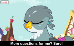 Size: 1920x1210 | Tagged: safe, imported from derpibooru, screencap, gabby, griffon, comic:celestia's servant interview, caption, cs captions, cute, detailed background, eyes closed, female, gabbybetes, image macro, interview, ponyville, solo, text