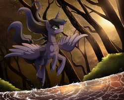 Size: 1051x854 | Tagged: dead source, safe, artist:ruhje, imported from derpibooru, oc, oc only, oc:aurora, alicorn, pony, 2013, alicorn oc, color porn, colored hooves, female, flying, horn, jewelry, mare, necklace, smiling, solo, spread wings, tree, water, windswept mane, wings