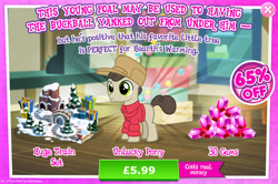 Size: 1962x1300 | Tagged: safe, imported from derpibooru, gnarly burl, earth pony, pony, advertisement, cash register, charlie brown, child, clothes, colt, costs real money, english, foal, gameloft, gem, hat, jacket, male, my little pony: magic princess, numbers, official, peanuts, peanuts (comic), present, railroad, sale, snow, solo, solo focus, stallion, text, tree