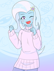 Size: 1668x2224 | Tagged: safe, artist:batipin, imported from derpibooru, trixie, human, equestria girls, clothes, cute, cute little fangs, diatrixes, fangs, female, food, looking at you, one eye closed, open mouth, open smile, smiling, smiling at you, solo, turtleneck, wink, winking at you