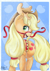 Size: 2480x3508 | Tagged: safe, artist:wolfcube333, imported from derpibooru, applejack, earth pony, pony, antlers, appledeer, applejack's hat, bridle, cowboy hat, cute, digital art, female, harness, hat, high res, jackabetes, jingle bells, mare, one eye closed, open mouth, open smile, out of frame, raised hoof, reindeer antlers, reins, signature, smiling, solo, tack, wink