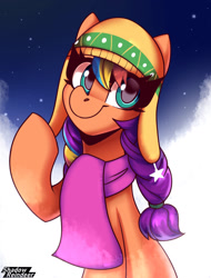 Size: 1200x1575 | Tagged: safe, artist:shadowreindeer, imported from derpibooru, sunny starscout, earth pony, pony, spoiler:g5, spoiler:winter wishday, braid, braided pigtails, clothes, cute, female, g5, hat, mane stripe sunny, mare, my little pony: make your mark, my little pony: make your mark chapter 3, pigtails, scarf, smiling, solo, sunnybetes, winter, winter hat, winter wishday